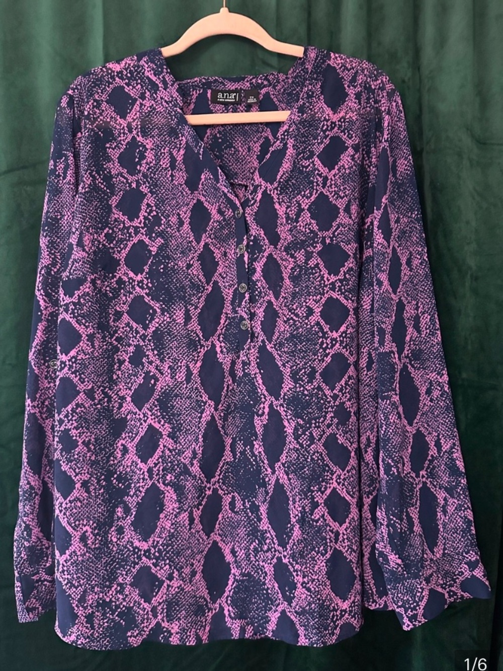 a.n.a Navy and Pink Snake-Print Long-Sleeve Blouse